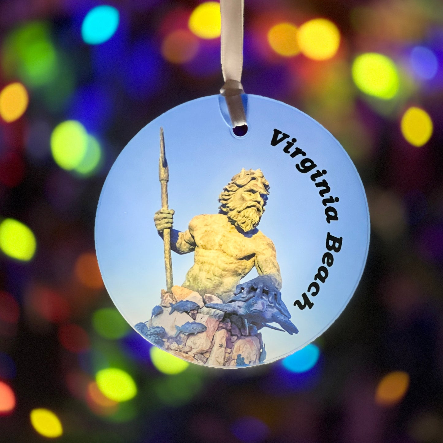 Sunset at the Statue of King Neptune, Virginia Beach, VA Glass Ornament / Suncatcher