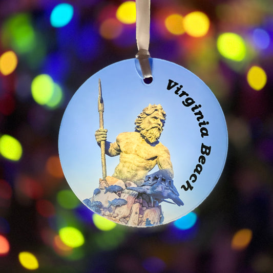 Sunset at the Statue of King Neptune, Virginia Beach, VA Glass Ornament / Suncatcher