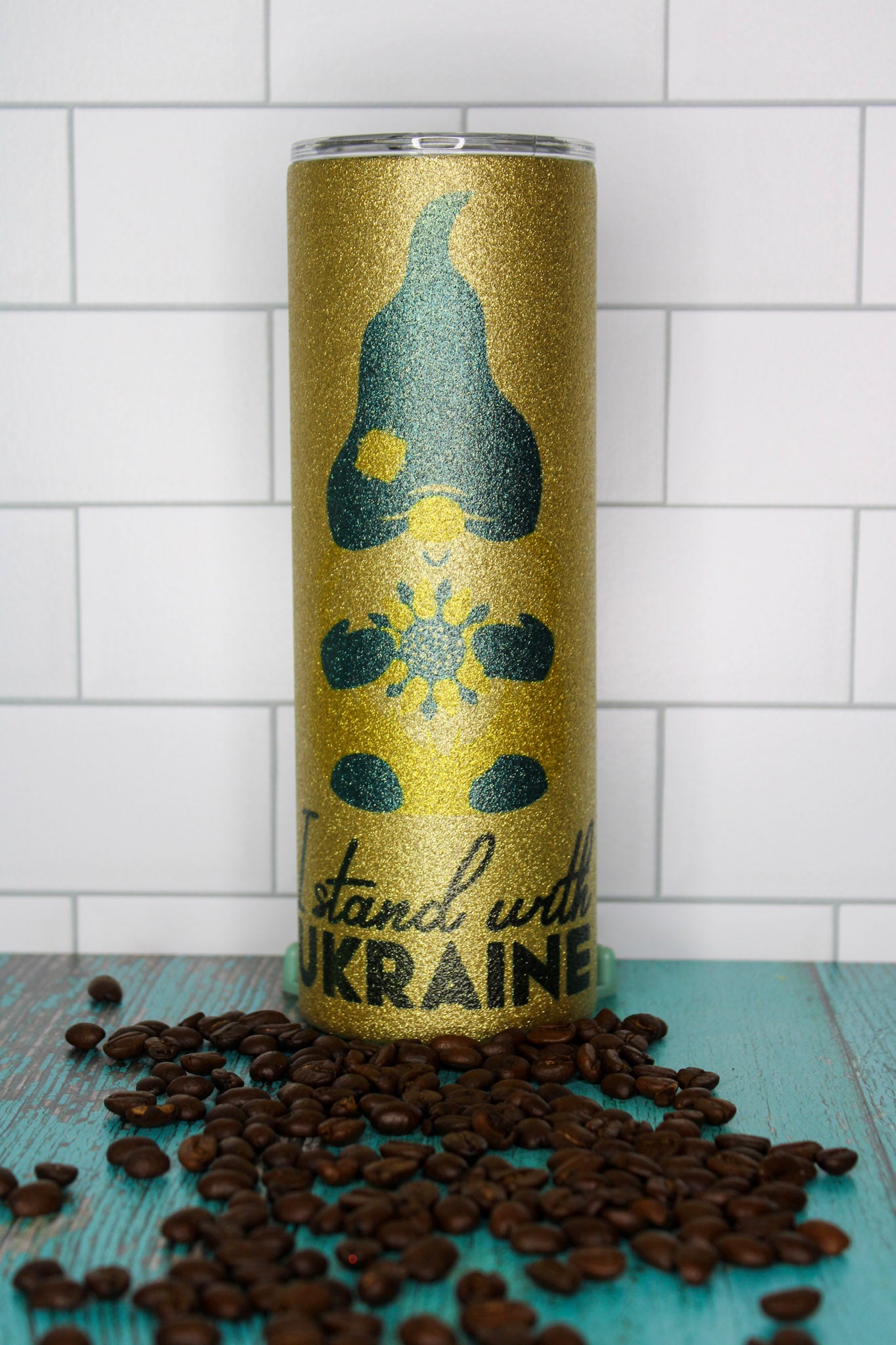 I Support Ukraine Gnome Gold Glitter 20oz Stainless Steel Tumbler