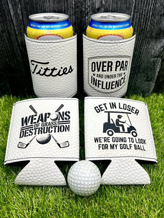 "Over Par and Under the Influence" Leather Can Koozie – Golf Ball Texture