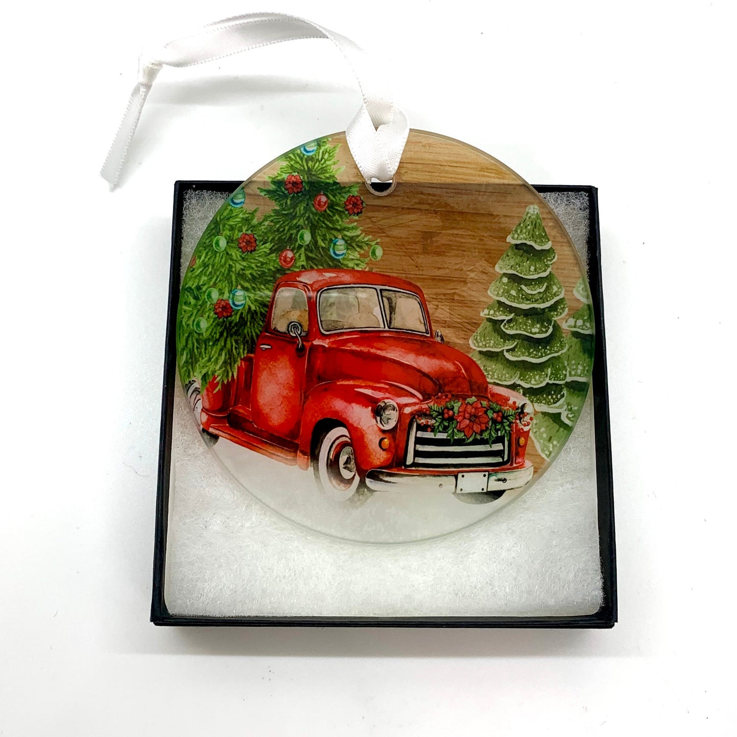 Christmas Red Truck Glass Ornament