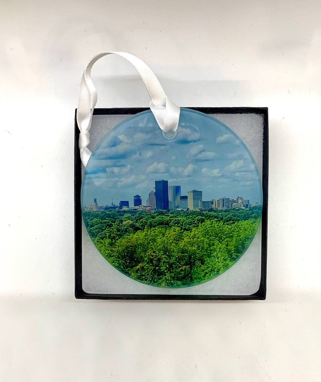 Rochester, NY Skyline Glass Ornament / Suncatcher