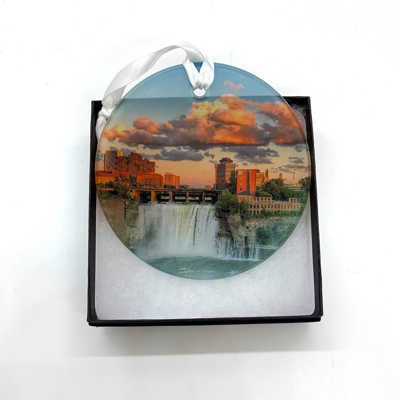 Sunset at High Falls, Rochester, NY Glass Ornament / Suncatcher
