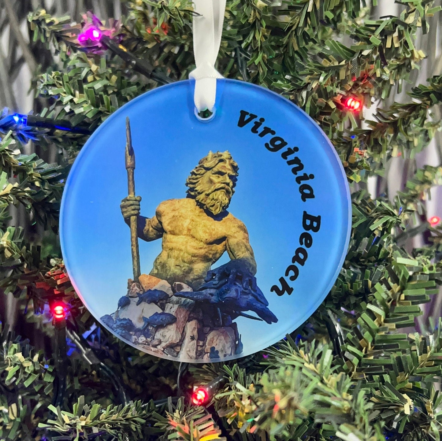 Sunset at the Statue of King Neptune, Virginia Beach, VA Glass Ornament / Suncatcher