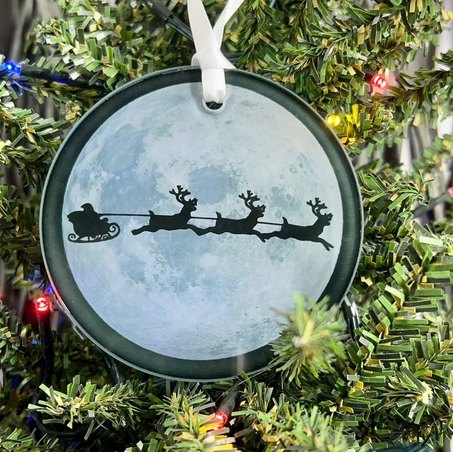 Santa's Sleigh and Moon Glass Ornament / Suncatcher
