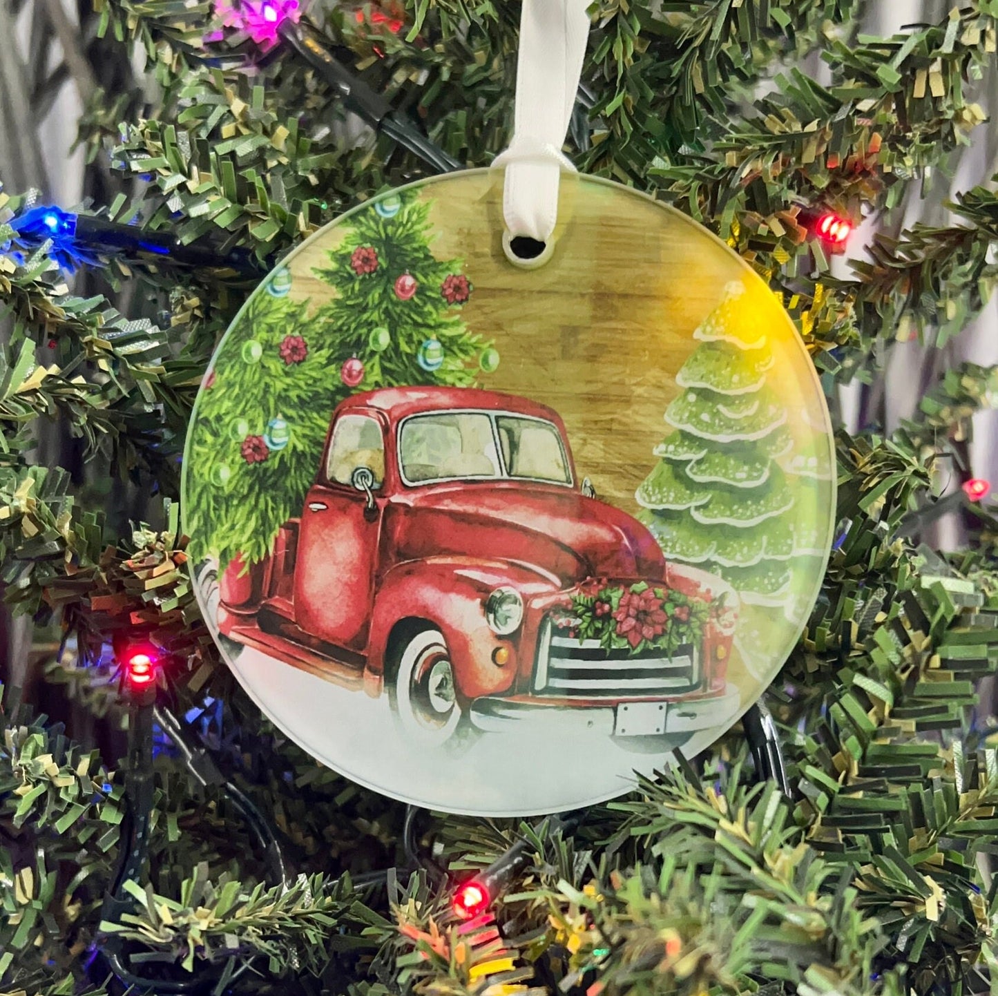 Christmas Red Truck Glass Ornament