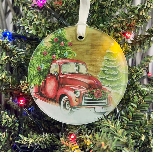 Christmas Red Truck Glass Ornament
