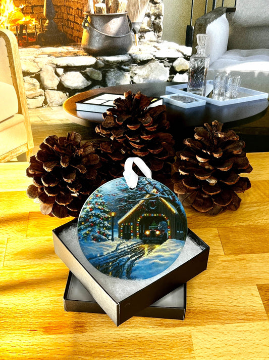 Covered Bridge with Lights Scene Glass Ornament