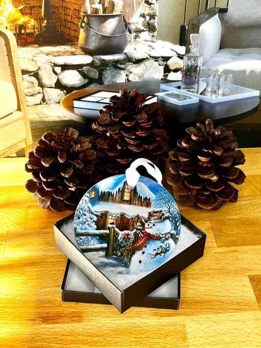 Snowy Cabin and Snowman Scene Glass Ornament / Suncatcher