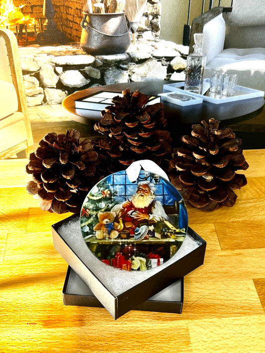 Santa’s Workshop Scene Glass Ornament / Suncatcher