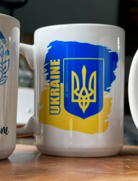 Tryzub with Stylized Flag 15 oz ceramic mug