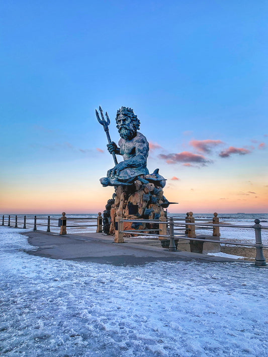 Statue of King Neptune in the Snow, Virginia Beach, VA Photo Print