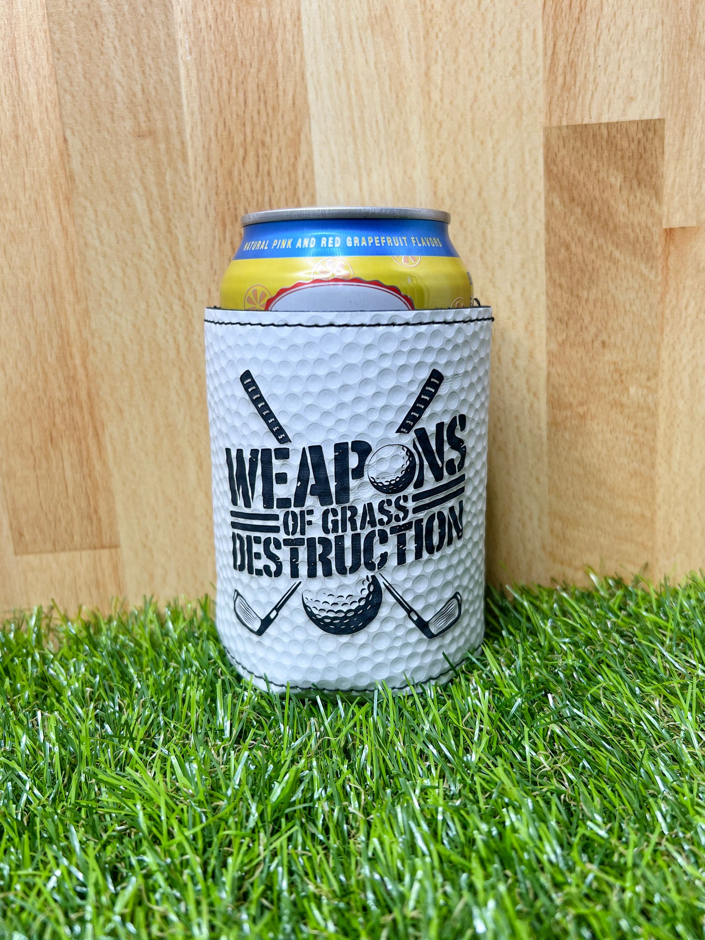 "Weapons of Grass Destruction" Leather Can Koozie – Golf Ball Texture
