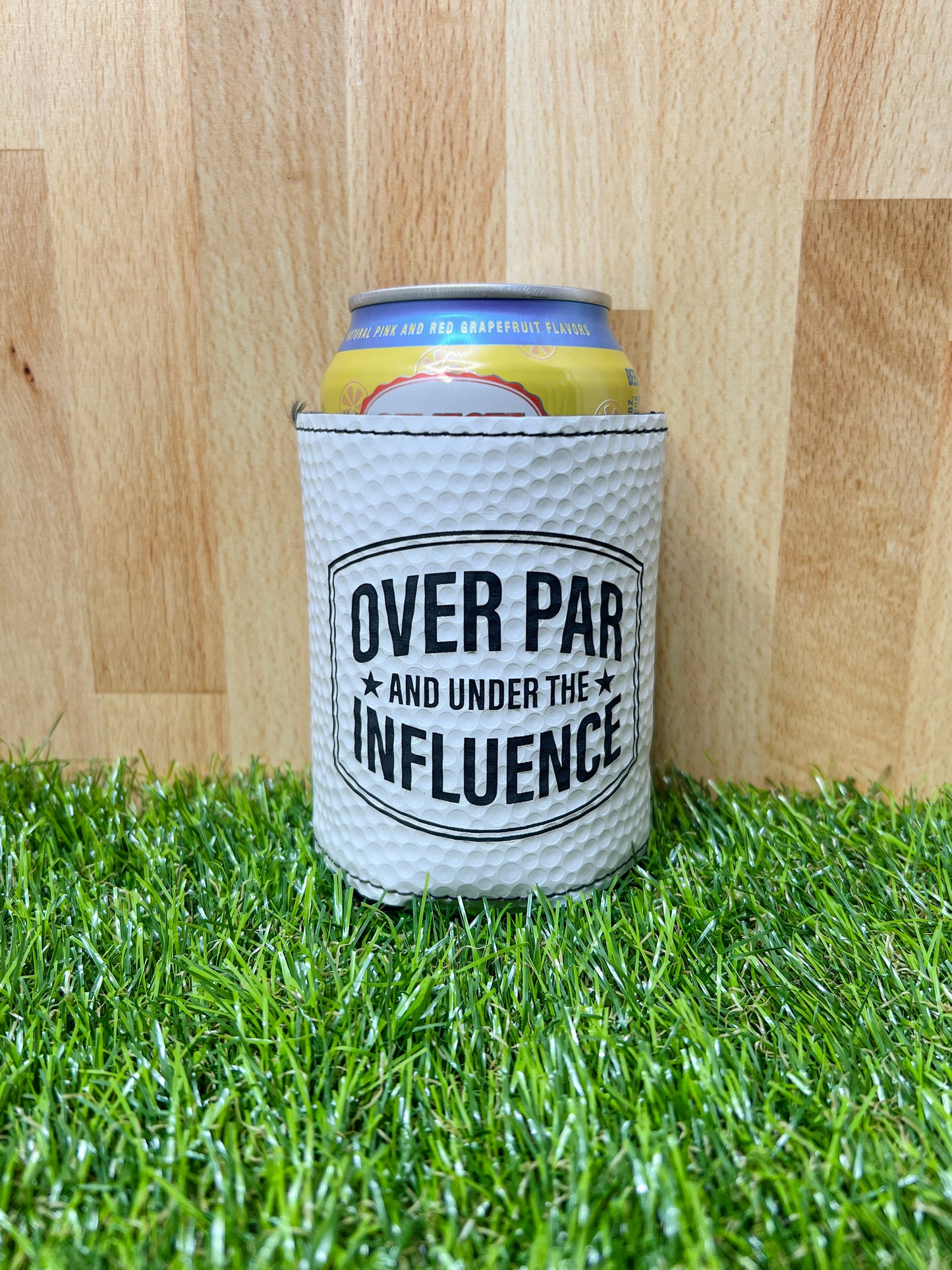 "Over Par and Under the Influence" Leather Can Koozie – Golf Ball Texture