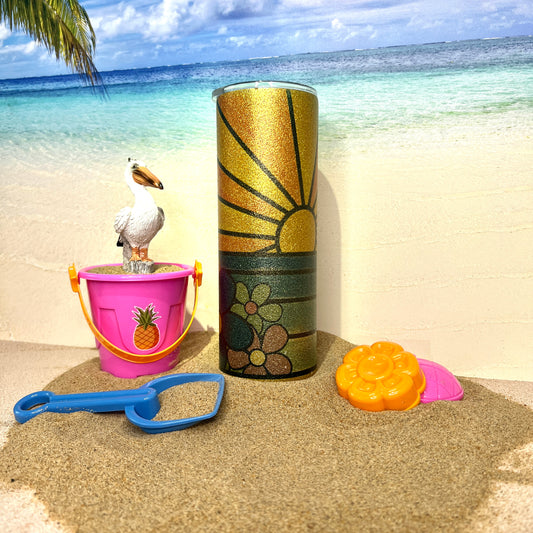 Beach Sunset with Flowers 20oz Gold Glitter Stainless Steel Tumbler