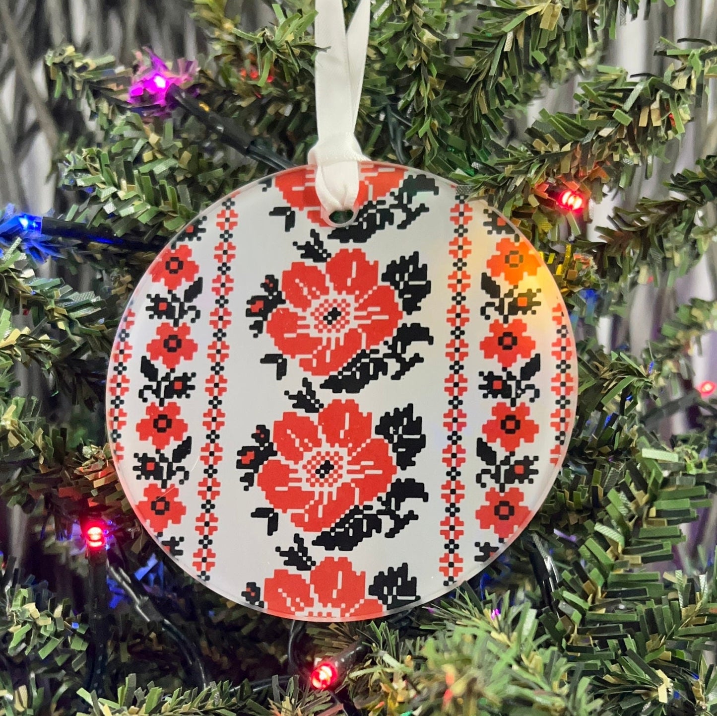 Ukrainian Embroidery Glass Ornament / Suncatcher