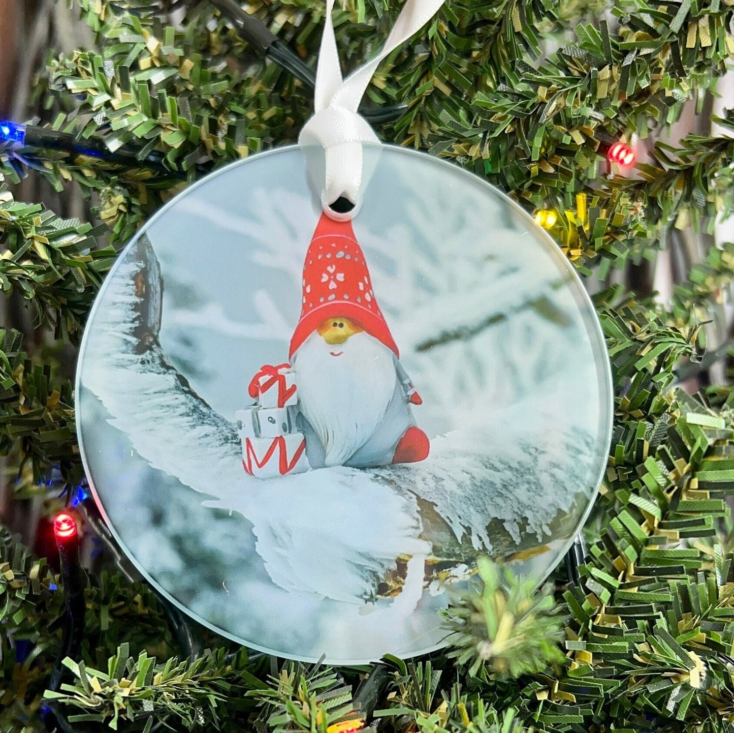 Red Christmas Gnome Glass Ornament / Suncatcher