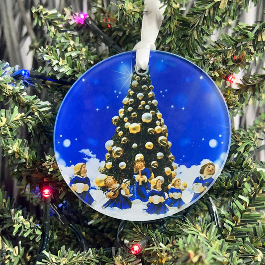 Gold Christmas Tree with Angels Glass Ornament / Suncatcher
