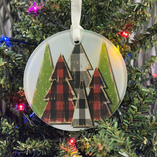 Plaid Christmas Trees Glass Ornament / Suncatcher