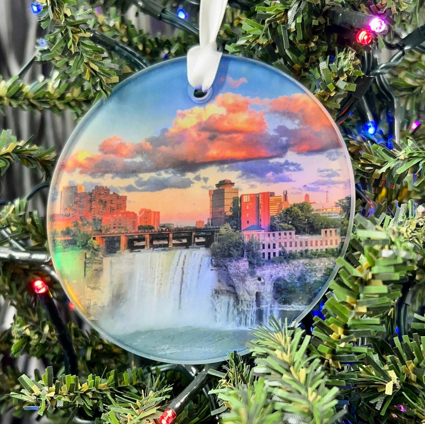 Sunset at High Falls, Rochester, NY Glass Ornament / Suncatcher