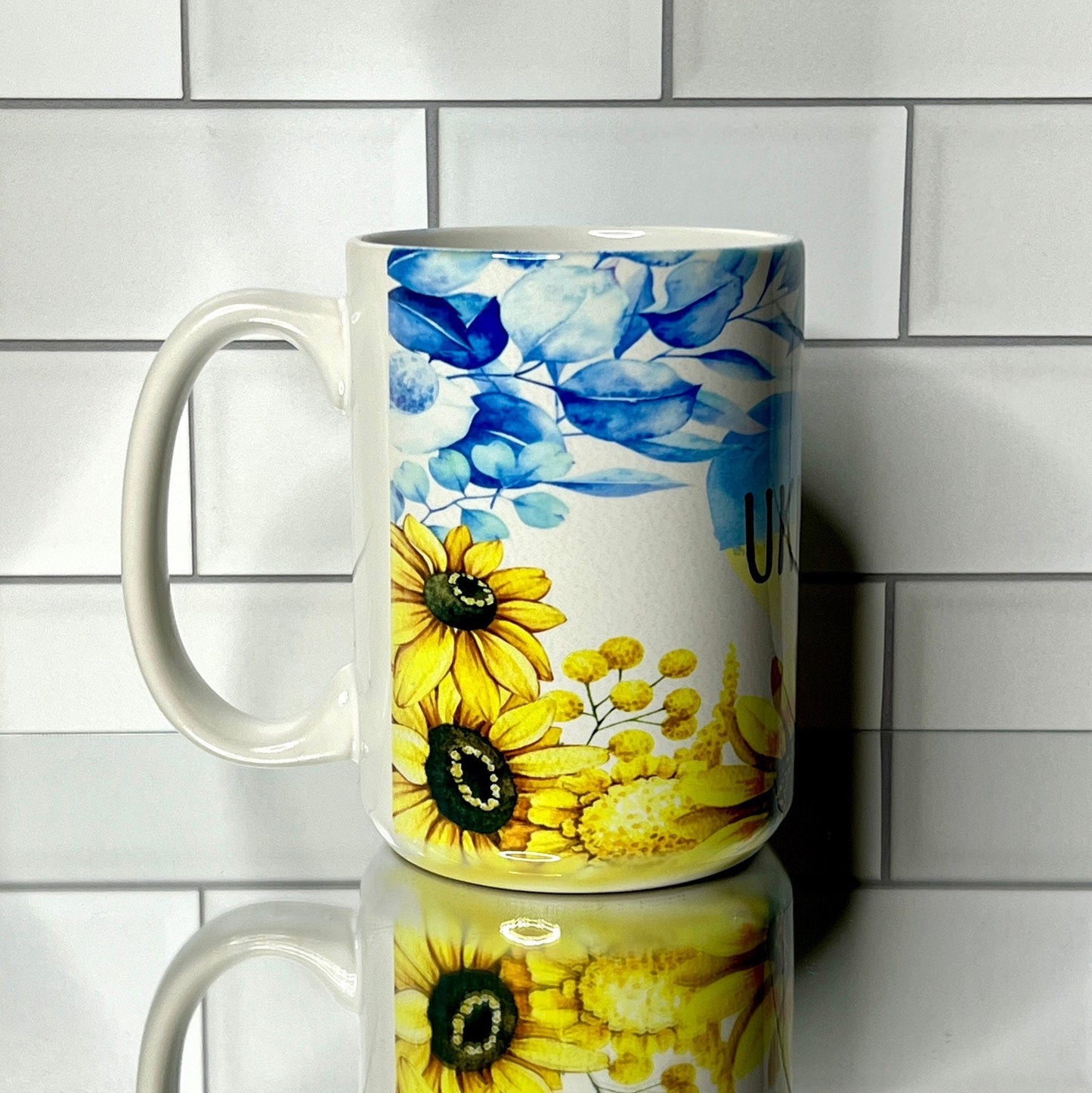 Ukraine Sunflowers Blue and Yellow Design 15 oz ceramic mug