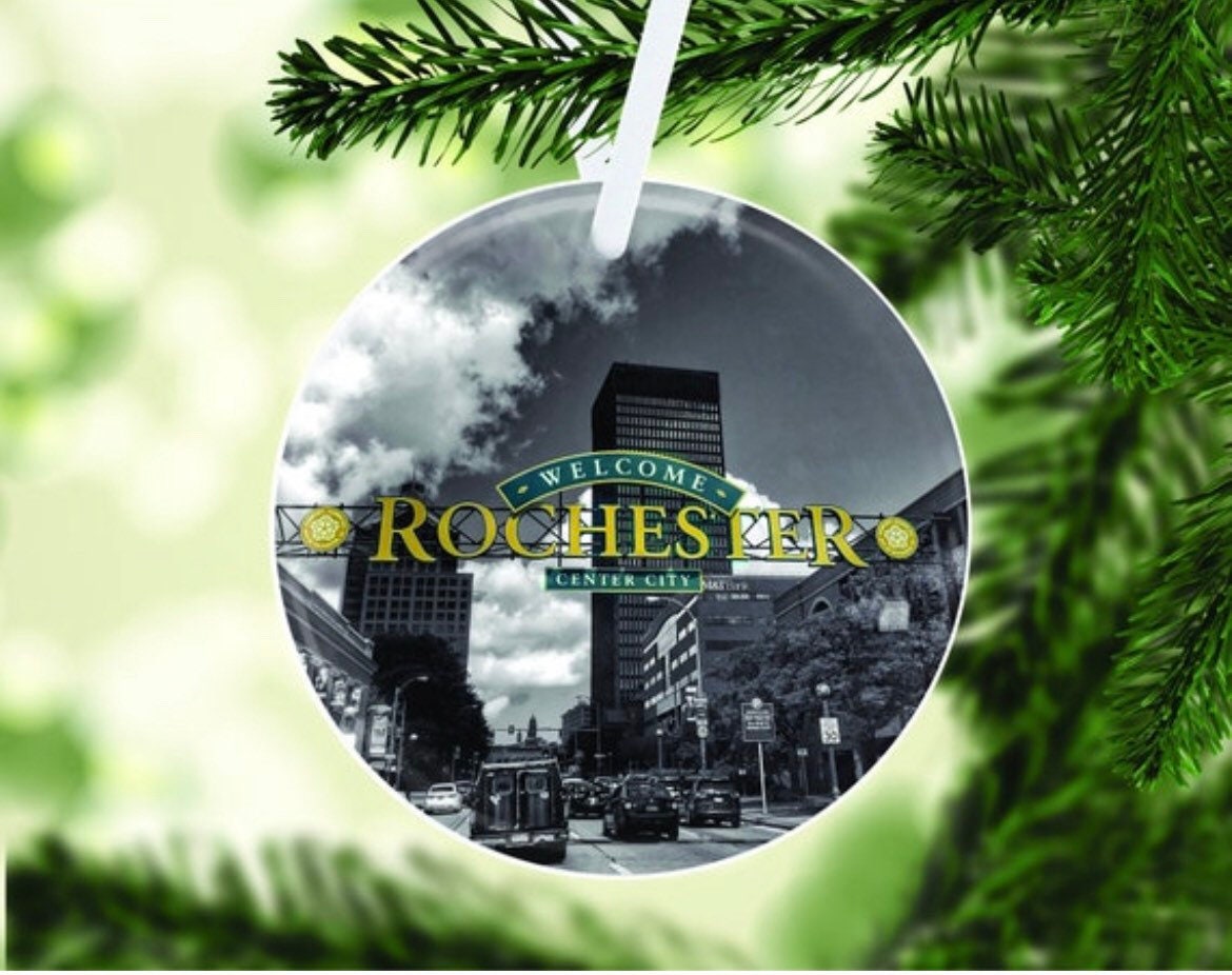 Rochester, NY Welcome Sign Glass Ornament