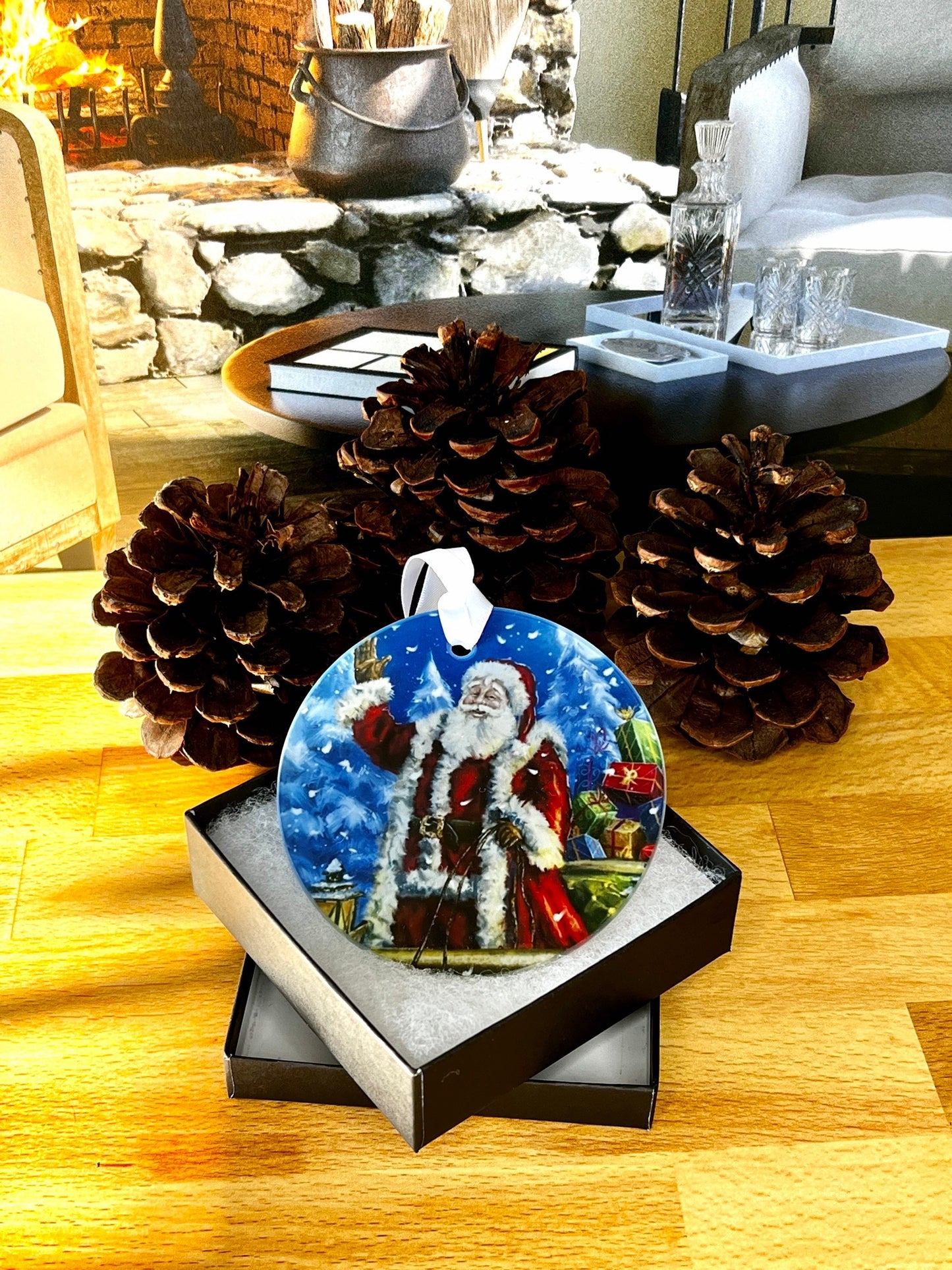 Santa in Snow Scene Glass Ornament / Suncatcher