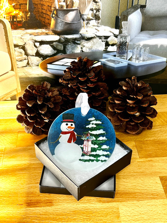 Snowy Tree and Snowman Scene Glass Ornament / Suncatcher
